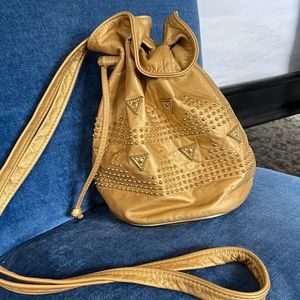 Vintage 80s Gold Leather Studded Drawstring Crossbody Bucket Bag / Purse